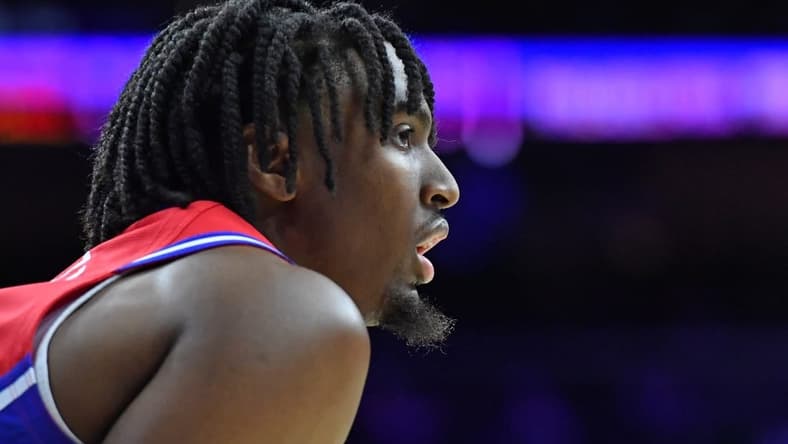 Jan 6, 2023; Philadelphia, Pennsylvania, USA; Philadelphia 76ers guard Tyrese Maxey (0) during the second quarter against the Chicago Bulls at Wells Fargo Center. Mandatory Credit: Eric Hartline-USA TODAY Sports