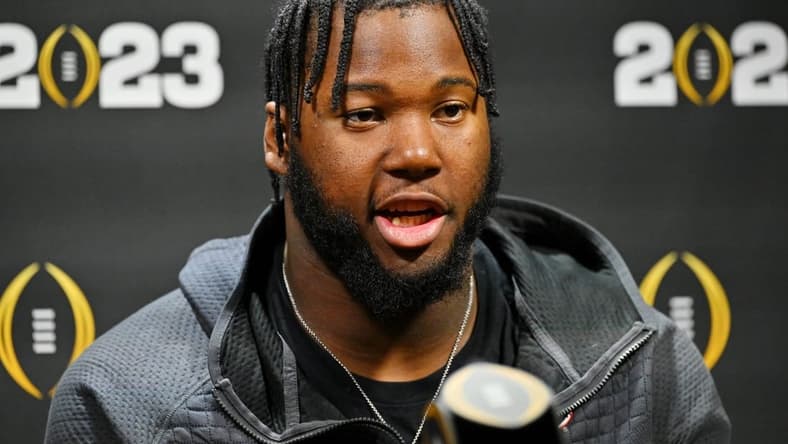Jan 7, 2023; Los Angeles, California, USA; Georgia Bulldogs offensive lineman Sedrick Van Pran (63) talks to media on media day before the 2023 CFP National Championship game at Los Angeles Convention Center. Mandatory Credit: Jayne Kamin-Oncea-USA TODAY Sports