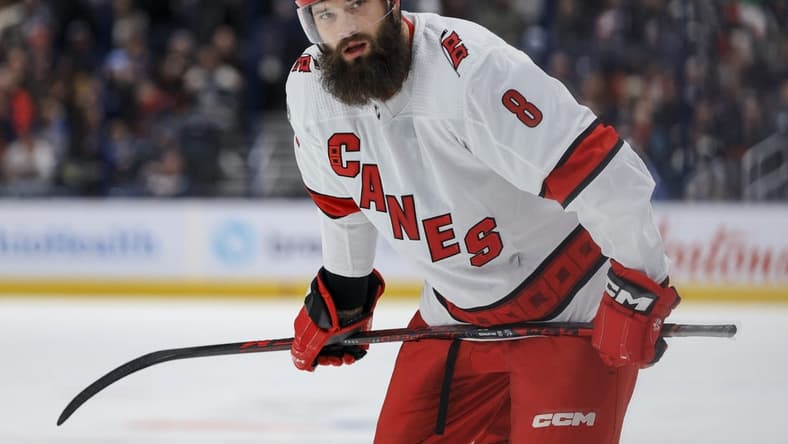 Jan 7, 2023; Columbus, Ohio, USA; Carolina Hurricanes defenseman Brent Burns (8) awaits the face-off against the Columbus Blue Jackets in the first period at Nationwide Arena. Mandatory Credit: Aaron Doster-USA TODAY Sports