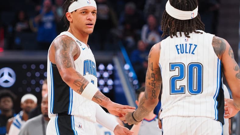 Jan 7, 2023; San Francisco, California, USA; Orlando Magic power forward Paolo Banchero (5) celebrates with point guard Markelle Fultz (20) after defeating the Golden State Warriors at Chase Center. Mandatory Credit: Kelley L Cox-USA TODAY Sports