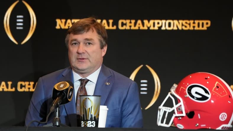 Jan 8, 2023; Los Angeles, CA, USA; Georgia Bulldogs coach Kirby Smart during the 2023 CFP National Championship head coaches press conference at the Los Angeles Airport Marriott. Mandatory Credit: Kirby Lee-USA TODAY Sports