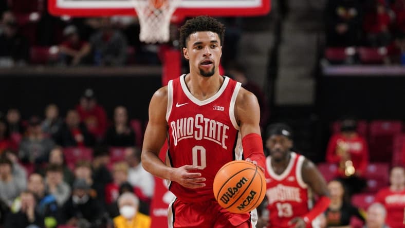 Jan 8, 2023; College Park, Maryland, USA; Ohio State Buckeyes guard Tanner Holden (0) dribbles the ball in the first half in a game against the Maryland Terrapins at Xfinity Center. Mandatory Credit: Brent Skeen-USA TODAY Sports
