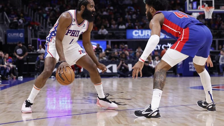 Jan 8, 2023; Detroit, Michigan, USA;  Philadelphia 76ers guard James Harden (1) dribbles defended by Detroit Pistons forward Saddiq Bey (41) in the first half at Little Caesars Arena. Mandatory Credit: Rick Osentoski-USA TODAY Sports
