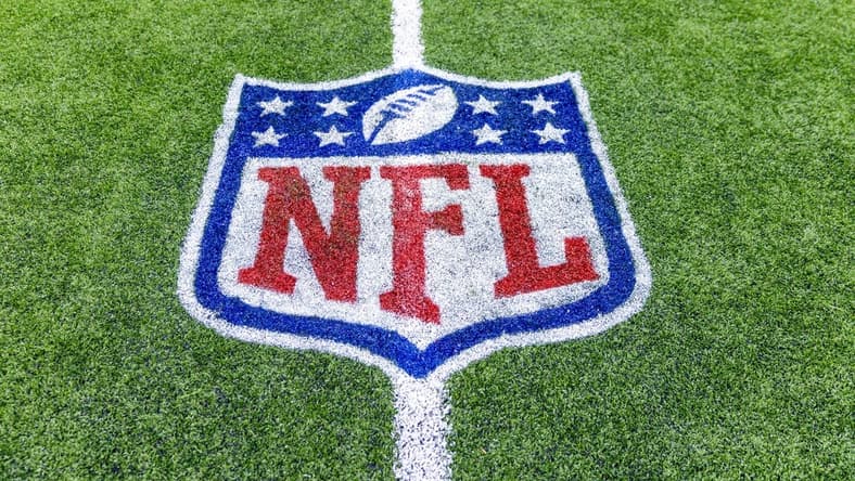 Jan 8, 2023; New Orleans, Louisiana, USA;  Detailed view of the NFL shield logo on the field after the game between the New Orleans Saints and the Carolina Panthers at Caesars Superdome. Mandatory Credit: Stephen Lew-USA TODAY Sports