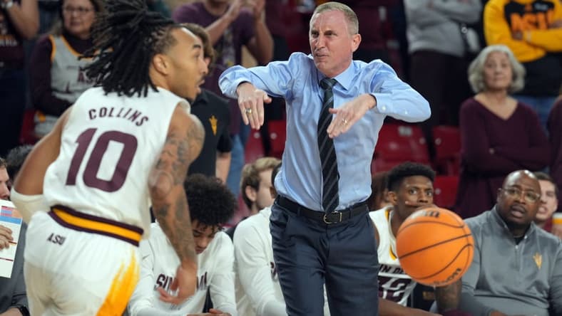 Jan 8, 2023; Tempe, Arizona, USA; Arizona State Sun Devils head coach Bobby Hurley reacts while Arizona State Sun Devils guard Frankie Collins (10) dribbles the ball against the Washington Huskies during the first half at Desert Financial Arena. Mandatory Credit: Joe Camporeale-USA TODAY Sports