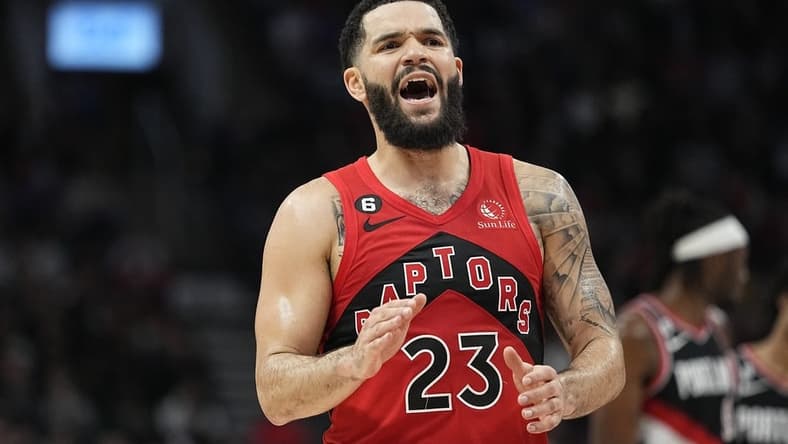 Jan 8, 2023; Toronto, Ontario, CAN; Toronto Raptors guard Fred VanVleet (23) calls out to a teammate during a break in the action against the Portland Trail Blazers during the second half at Scotiabank Arena. Mandatory Credit: John E. Sokolowski-USA TODAY Sports