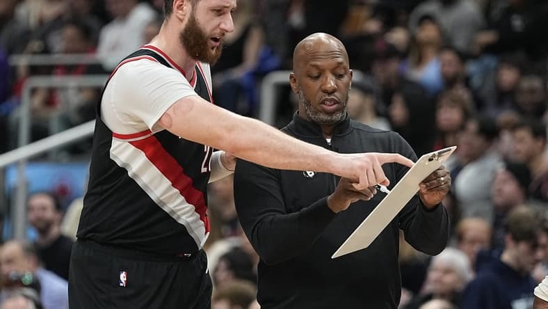 Jan 8, 2023; Toronto, Ontario, CAN; Portland Trail Blazers center Jusuf Nurkic (27) and head coach Chauncey Billups discuss a play against the Toronto Raptors at Scotiabank Arena. Mandatory Credit: John E. Sokolowski-USA TODAY Sports