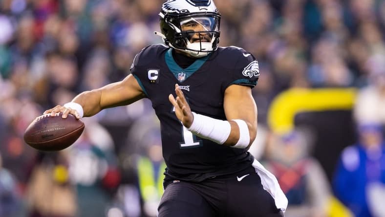 Jan 8, 2023; Philadelphia, Pennsylvania, USA; Philadelphia Eagles quarterback Jalen Hurts (1) passes the ball against the New York Giants during the first quarter at Lincoln Financial Field. Mandatory Credit: Bill Streicher-USA TODAY Sports