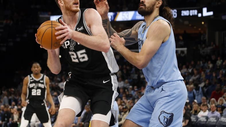 Jan 9, 2023; Memphis, Tennessee, USA; San Antonio Spurs center Jakob Poeltl (25) spins toward the basket as Memphis Grizzlies center Steven Adams (4) defends during the first half at FedExForum. Mandatory Credit: Petre Thomas-USA TODAY Sports