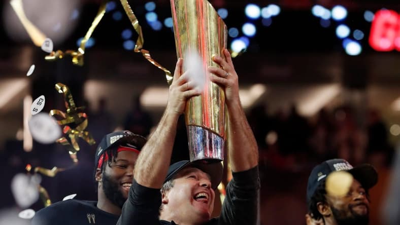 Georgia coach Kirby Smart celebrates after winning the NCAA College Football National Championship game between TCU and Georgia on Monday, Jan. 9, 2023, in Inglewood, Calif. Georgia won 65-7.
News Joshua L Jones
Syndication Online Athens