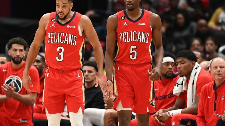 Jan 9, 2023; Washington, District of Columbia, USA;  New Orleans Pelicans guard CJ McCollum (3) and forward Herbert Jones (5) during the game against the Washington Wizards at Capital One Arena. Mandatory Credit: Tommy Gilligan-USA TODAY Sports