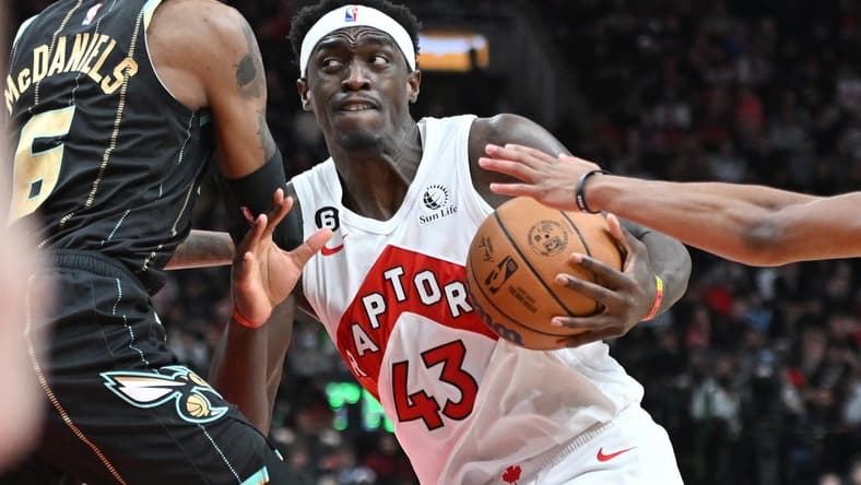 Jan 10, 2023; Toronto, Ontario, CAN; Toronto Raptors forward Pascal Siakam (43) drives to the basket against Charlotte Hornets forward Jalen McDaniels (6) in the second half at Scotiabank Arena. Mandatory Credit: Dan Hamilton-USA TODAY Sports