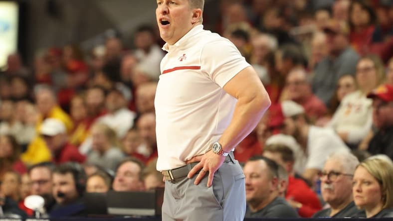 Jan 10, 2023; Ames, Iowa, USA; Iowa State Cyclones head coach T. J. Otzelberger watches his team play the Texas Tech Red Raiders at James H. Hilton Coliseum.The Cyclones beat the Red Raiders 84 to 50.  Mandatory Credit: Reese Strickland-USA TODAY Sports