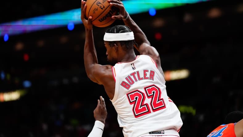 Jan 10, 2023; Miami, Florida, USA; Miami Heat forward Jimmy Butler (22) catches a round against the Oklahoma City Thunder during the second half at FTX Arena. Mandatory Credit: Rich Storry-USA TODAY Sports
