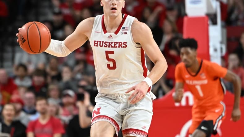 Jan 10, 2023; Lincoln, Nebraska, USA; Nebraska Cornhuskers guard Sam Griesel (5) dribbles up court against the Illinois Fighting Illini in the first half at Pinnacle Bank Arena. Mandatory Credit: Steven Branscombe-USA TODAY Sports