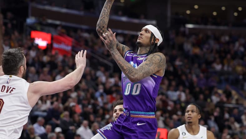 Jan 10, 2023; Salt Lake City, Utah, USA;  Utah Jazz guard Jordan Clarkson (00) shoots the ball during the third quarter against the Cleveland Cavaliers at Vivint Arena. Mandatory Credit: Chris Nicoll-USA TODAY Sports
