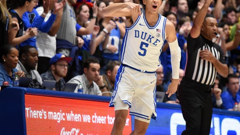 Jan 11, 2023; Durham, North Carolina, USA; Duke Blue Devils guard Tyrese Proctor(5) reacts after hitting a three-pointer during the first half against the Pittsburgh Panthers at Cameron Indoor Stadium. Mandatory Credit: Rob Kinnan-USA TODAY Sports