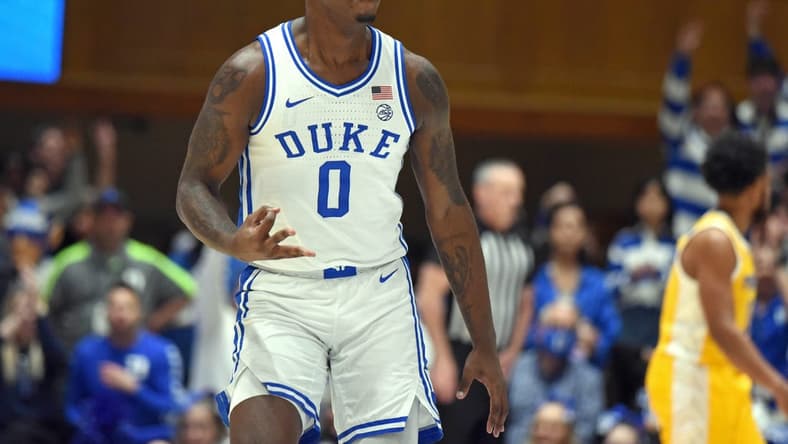 Jan 11, 2023; Durham, North Carolina, USA; Duke Blue Devils forward Dariq Whitehead(0) reacts after hitting a three-pointer during the first half against the Pittsburgh Panthers at Cameron Indoor Stadium. Mandatory Credit: Rob Kinnan-USA TODAY Sports
