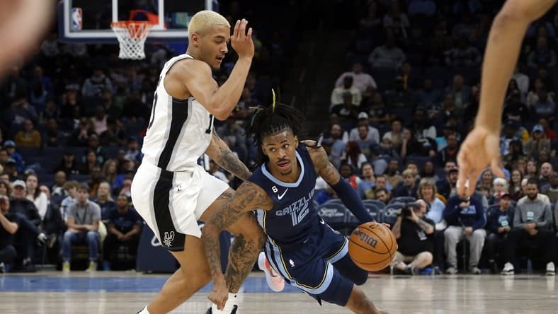 Jan 11, 2023; Memphis, Tennessee, USA; Memphis Grizzlies guard Ja Morant (12) drives to the basket as San Antonio Spurs forward Jeremy Sochan (10) defends during the first half at FedExForum. Mandatory Credit: Petre Thomas-USA TODAY Sports