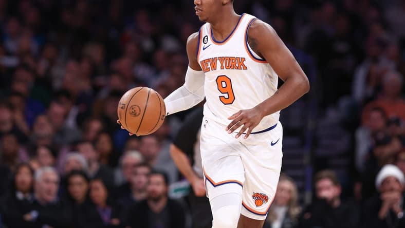 Jan 11, 2023; New York, New York, USA; New York Knicks guard RJ Barrett (9) dribbles up court during the fourth quarter against the Indiana Pacers at Madison Square Garden. Mandatory Credit: Vincent Carchietta-USA TODAY Sports