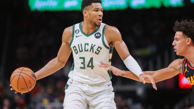 Jan 11, 2023; Atlanta, Georgia, USA; Milwaukee Bucks forward Giannis Antetokounmpo (34) dribbles against the Atlanta Hawks in the second half at State Farm Arena. Mandatory Credit: Brett Davis-USA TODAY Sports