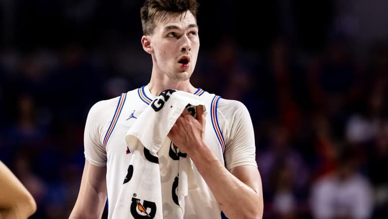 Jan 7, 2023; Gainesville, Florida, USA; Florida Gators forward Colin Castleton (12) during the second half against the Georgia Bulldogs at Exactech Arena at the Stephen C. O'Connell Center. Mandatory Credit: Matt Pendleton-USA TODAY Sports