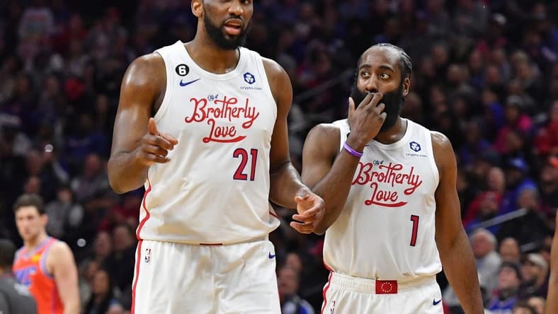 Jan 12, 2023; Philadelphia, Pennsylvania, USA; Philadelphia 76ers center Joel Embiid (21) and guard James Harden (1) against the Oklahoma City Thunder during the fourth quarter at Wells Fargo Center. Mandatory Credit: Eric Hartline-USA TODAY Sports