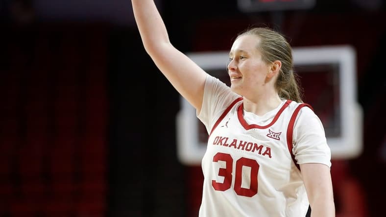 Oklahoma's Taylor Robertson (30) reacts after a 3-point basket in the first half during the college women's basketball game between Oklahoma State University Sooners (OU) and the Northwestern State at the Lloyd Noble Center in Norman, Okla. Wednesday, Nov., 30, 2022.
cover main