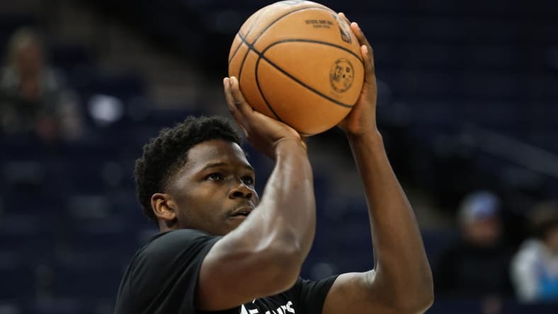 Jan 13, 2023; Minneapolis, Minnesota, USA; Minnesota Timberwolves guard Anthony Edwards (1) warms up before the game against the Phoenix Suns at Target Center. Mandatory Credit: Matt Krohn-USA TODAY Sports