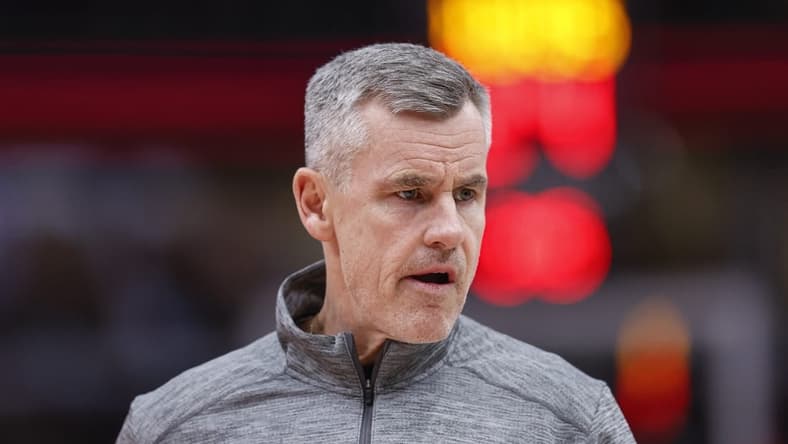 Jan 13, 2023; Chicago, Illinois, USA; Chicago Bulls head coach Billy Donovan reacts during the first half against the Oklahoma City Thunder at United Center. Mandatory Credit: Kamil Krzaczynski-USA TODAY Sports
