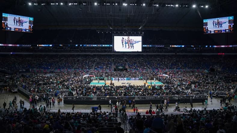 Jan 13, 2023; San Antonio, Texas, USA; A view of the court during the game between the Golden State Warriors and the San Antonio Spurs at the Alamodome. Mandatory Credit: Daniel Dunn-USA TODAY Sports
