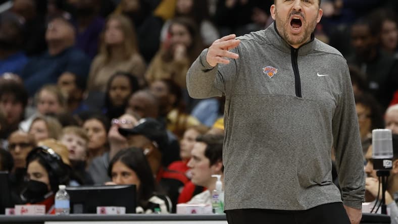 Jan 13, 2023; Washington, District of Columbia, USA; New York Knicks head coach Tom Thibodeau yells from the bench against the Washington Wizards in the third quarter at Capital One Arena. Mandatory Credit: Geoff Burke-USA TODAY Sports