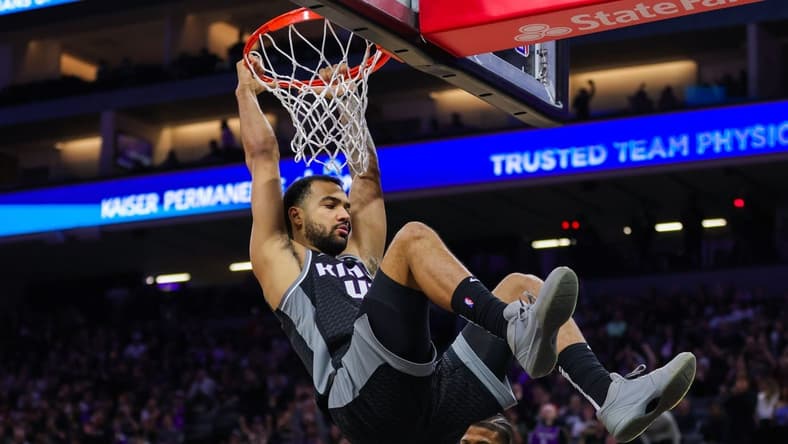 Jan 13, 2023; Sacramento, California, USA; Sacramento Kings forward Trey Lyles (41) dunks the ball during the third quarter against the Houston Rockets at Golden 1 Center. Mandatory Credit: Sergio Estrada-USA TODAY Sports