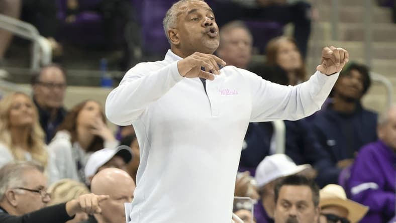 Jan 14, 2023; Fort Worth, Texas, USA; Kansas State Wildcats head coach Jerome Tang reacts during the second half against the TCU Horned Frogs at Ed and Rae Schollmaier Arena. Mandatory Credit: Kevin Jairaj-USA TODAY Sports