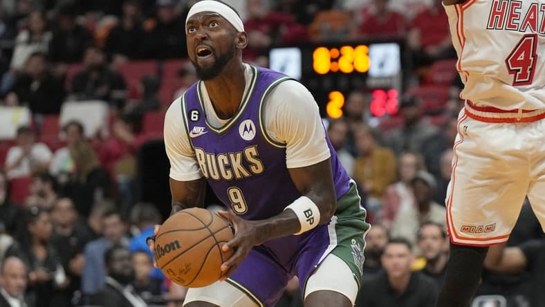 Jan 14, 2023; Miami, Florida, USA; Milwaukee Bucks forward Bobby Portis (9) shoots the ball against the Miami Heat during the first half at Miami-Dade Arena. Mandatory Credit: Jim Rassol-USA TODAY Sports