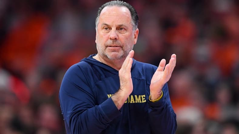 Jan 14, 2023; Syracuse, New York, USA; Notre Dame Fighting Irish head coach Mike Brey reacts to a play against the Syracuse Orange during the first half at the JMA Wireless Dome. Mandatory Credit: Rich Barnes-USA TODAY Sports