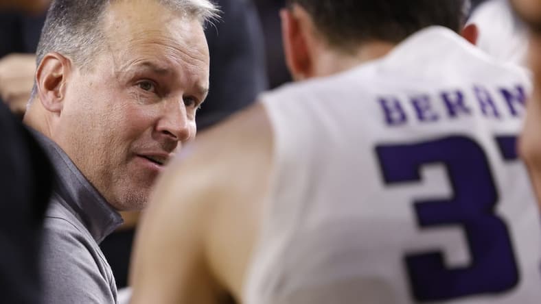 Jan 15, 2023; Ann Arbor, Michigan, USA;  Northwestern Wildcats head coach Chris Collins talks to forward Robbie Beran (31) in the first half at Crisler Center. Mandatory Credit: Rick Osentoski-USA TODAY Sports