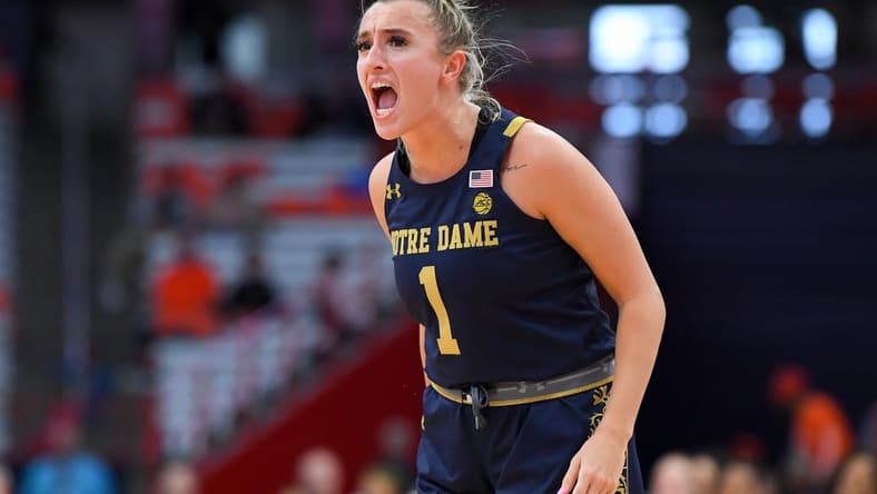 Jan 15, 2023; Syracuse, New York, USA; Notre Dame Fighting Irish guard Dara Mabrey (1) reacts to a play against the Syracuse Orange during the second half at the JMA Wireless Dome. Mandatory Credit: Rich Barnes-USA TODAY Sports