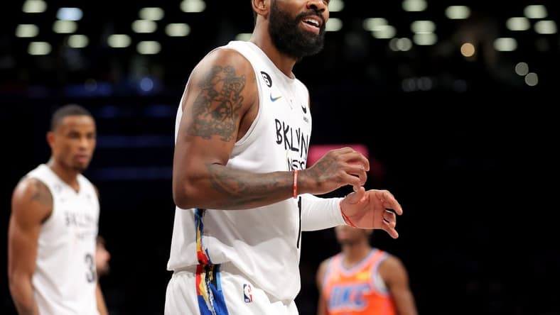 Jan 15, 2023; Brooklyn, New York, USA; Brooklyn Nets guard Kyrie Irving (11) reacts during the third quarter against the Oklahoma City Thunder at Barclays Center. Mandatory Credit: Brad Penner-USA TODAY Sports