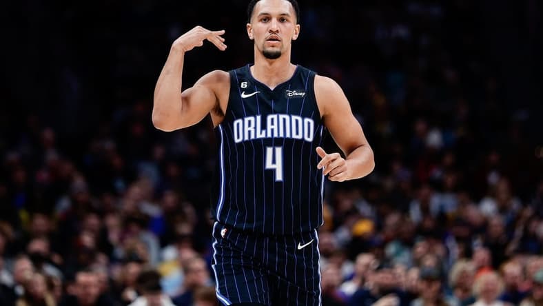 Jan 15, 2023; Denver, Colorado, USA; Orlando Magic guard Jalen Suggs (4) gestures in the third quarter against the Denver Nuggets at Ball Arena. Mandatory Credit: Isaiah J. Downing-USA TODAY Sports