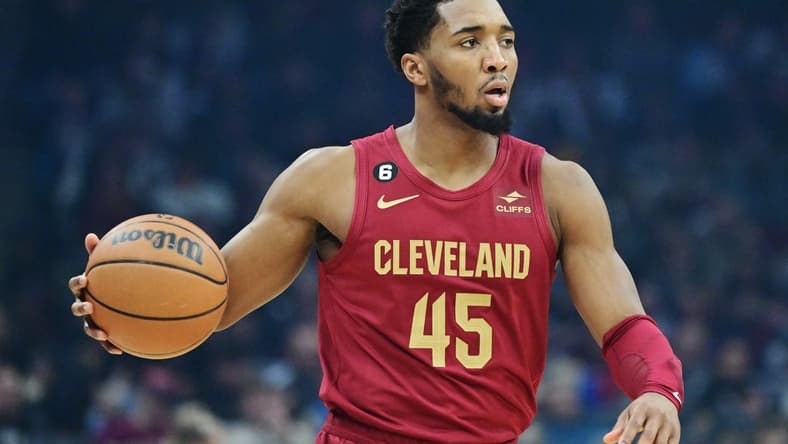 Jan 16, 2023; Cleveland, Ohio, USA; Cleveland Cavaliers guard Donovan Mitchell (45) brings the ball up court during the first quarter against the New Orleans Pelicans at Rocket Mortgage FieldHouse. Mandatory Credit: Ken Blaze-USA TODAY Sports