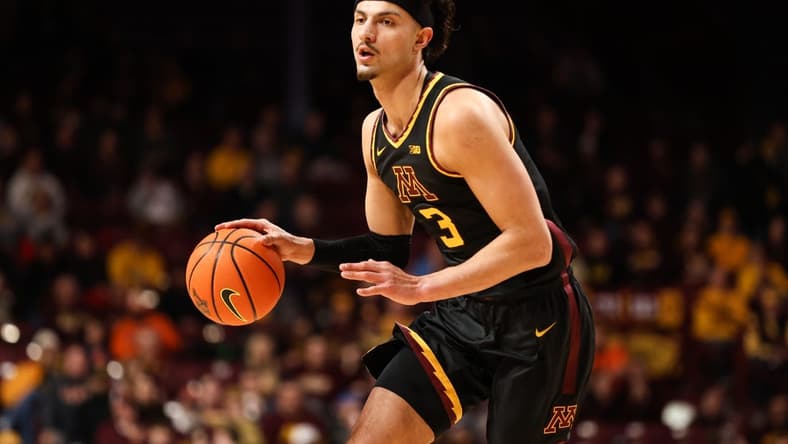 Jan 16, 2023; Minneapolis, Minnesota, USA; Minnesota Golden Gophers forward Dawson Garcia (3) dribbles against the Illinois Fighting Illini during the first half at Williams Arena. Mandatory Credit: Matt Krohn-USA TODAY Sports
