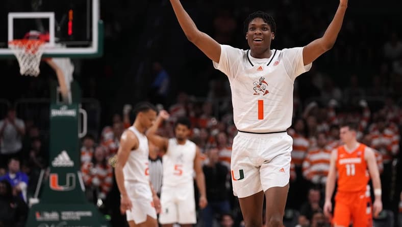 Jan 16, 2023; Coral Gables, Florida, USA; Miami Hurricanes forward Anthony Walker (1) reacts to the fans in attendance during the second half against the Syracuse Orange at Watsco Center. Mandatory Credit: Jasen Vinlove-USA TODAY Sports
