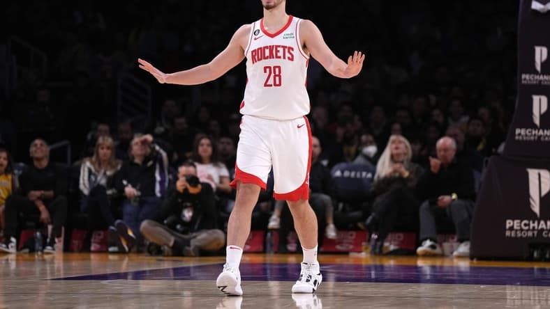 Jan 16, 2023; Los Angeles, California, USA; Houston Rockets center Alperen Sengun (28) reacts after a three-point basket against the Los Angeles Lakers in the first half at Crypto.com Arena. Mandatory Credit: Kirby Lee-USA TODAY Sports