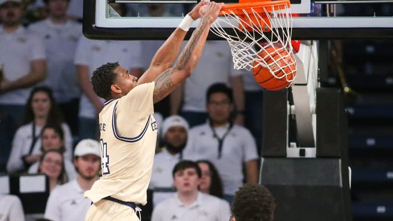 Jan 17, 2023; Atlanta, Georgia, USA; Georgia Tech Yellow Jackets forward Jalon Moore (14) dunks against the North Carolina State Wolfpack in the first half at McCamish Pavilion. Mandatory Credit: Brett Davis-USA TODAY Sports