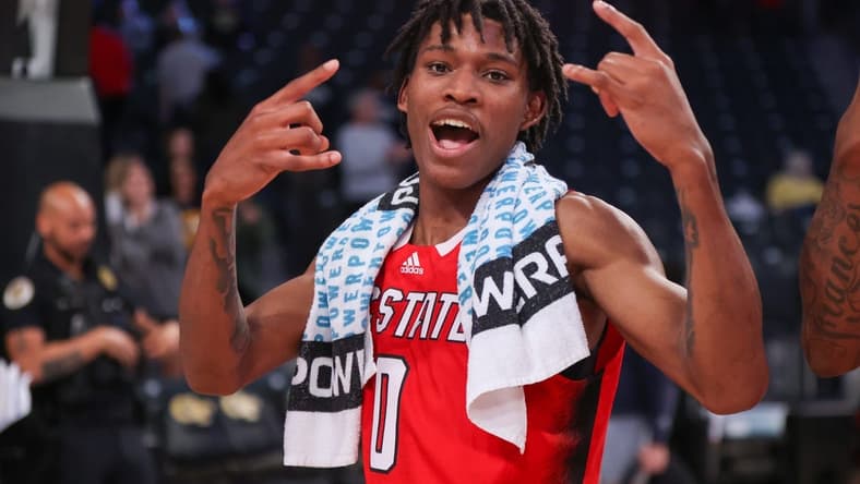 Jan 17, 2023; Atlanta, Georgia, USA; North Carolina State Wolfpack guard Terquavion Smith (0) celebrates after a victory against the Georgia Tech Yellow Jackets at McCamish Pavilion. Mandatory Credit: Brett Davis-USA TODAY Sports