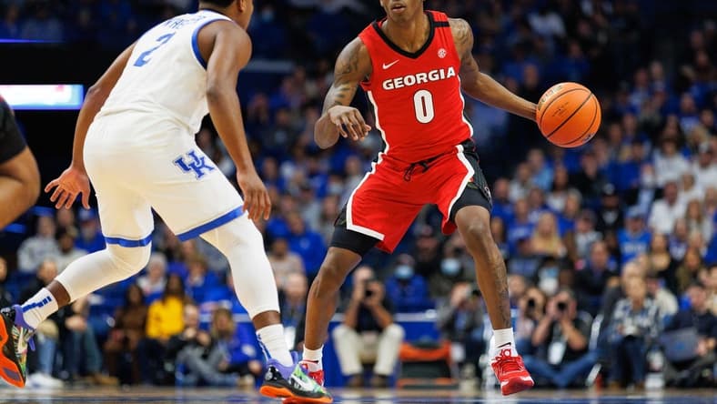Jan 17, 2023; Lexington, Kentucky, USA; Georgia Bulldogs guard Terry Roberts (0) handles the ball during the first half against the Kentucky Wildcats at Rupp Arena at Central Bank Center. Mandatory Credit: Jordan Prather-USA TODAY Sports