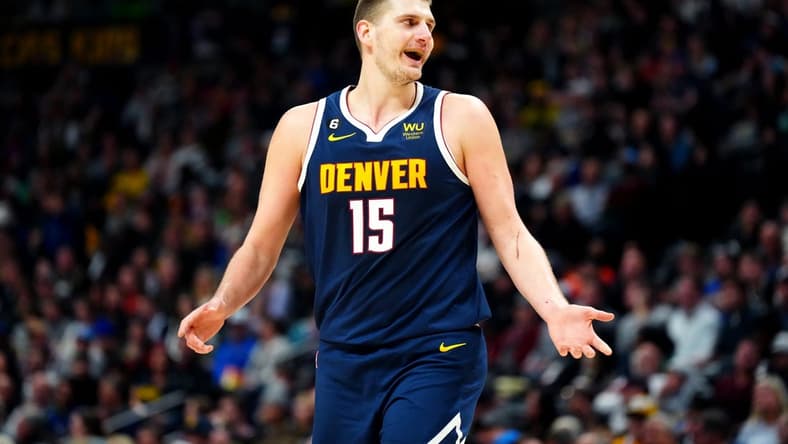 Jan 17, 2023; Denver, Colorado, USA; Denver Nuggets center Nikola Jokic (15) reacts in the second half against the Portland Trail Blazers at Ball Arena. Mandatory Credit: Ron Chenoy-USA TODAY Sports