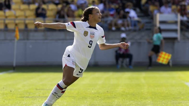 Jan 18, 2023; Wellington, NZL;  United States women's soccer forward Mallory Swanson (9) after scoring in the second half during the International Friendly between New Zealand and USA at Sky Stadium.  Mandatory Credit: Brett Phibbs-USA TODAY Sports