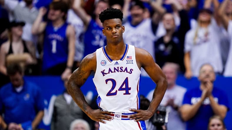 Jan 10, 2023; Lawrence, Kansas, USA; Kansas Jayhawks forward K.J. Adams Jr. (24) reacts during the second half against the Oklahoma Sooners at Allen Fieldhouse. Mandatory Credit: Jay Biggerstaff-USA TODAY Sports